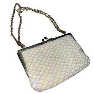 Vintage 80’s Mini Bag Cream Beaded Iridescent Sequined Chain Strap